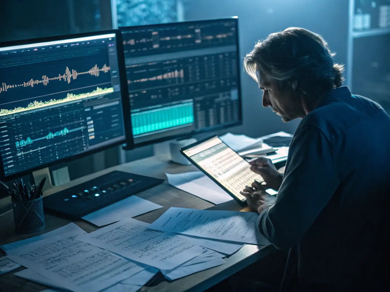 A researcher in a modern archive room, reviewing digital music files on a computer, surrounded by vintage synthesizers and stacks of electroacoustic scores, representing the organization's archival access and research support.
