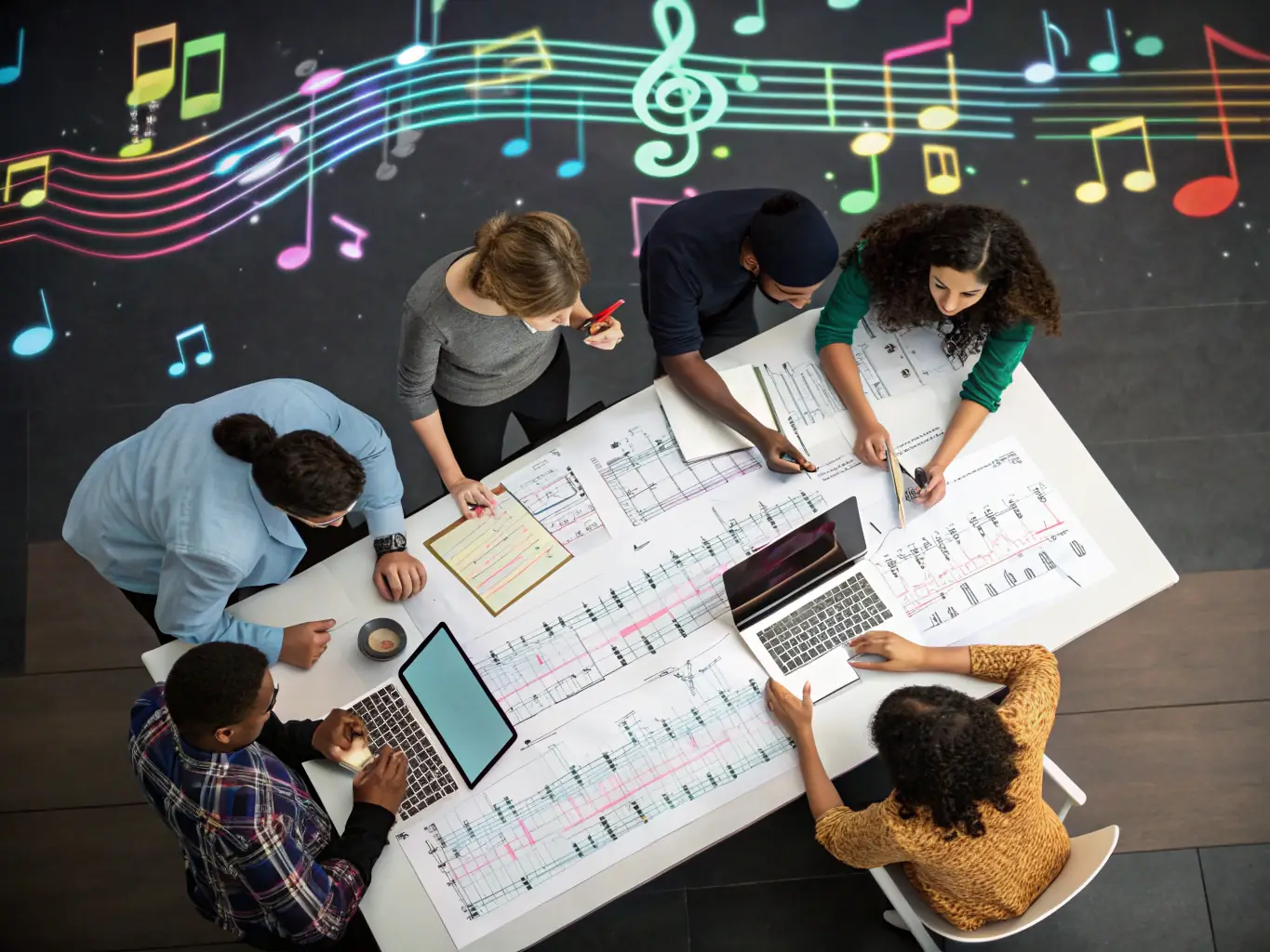 A group of composers collaborating in a studio, using electronic instruments and computers, with sheet music and sound wave diagrams visible, illustrating creative workshops and artistic collaboration.